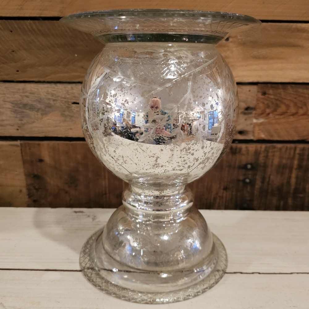 Large 10" Etched "Mercury Glass" Pillar Candle Holder/Display Pedestal